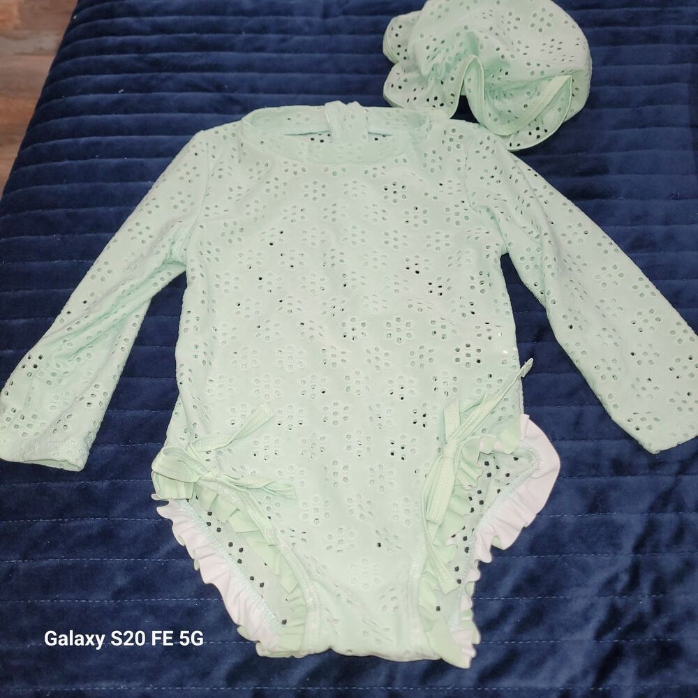 3-6 mo baby girls Mint Green Eyelet Ruffle 1pc LS swimsuit with Hat B28